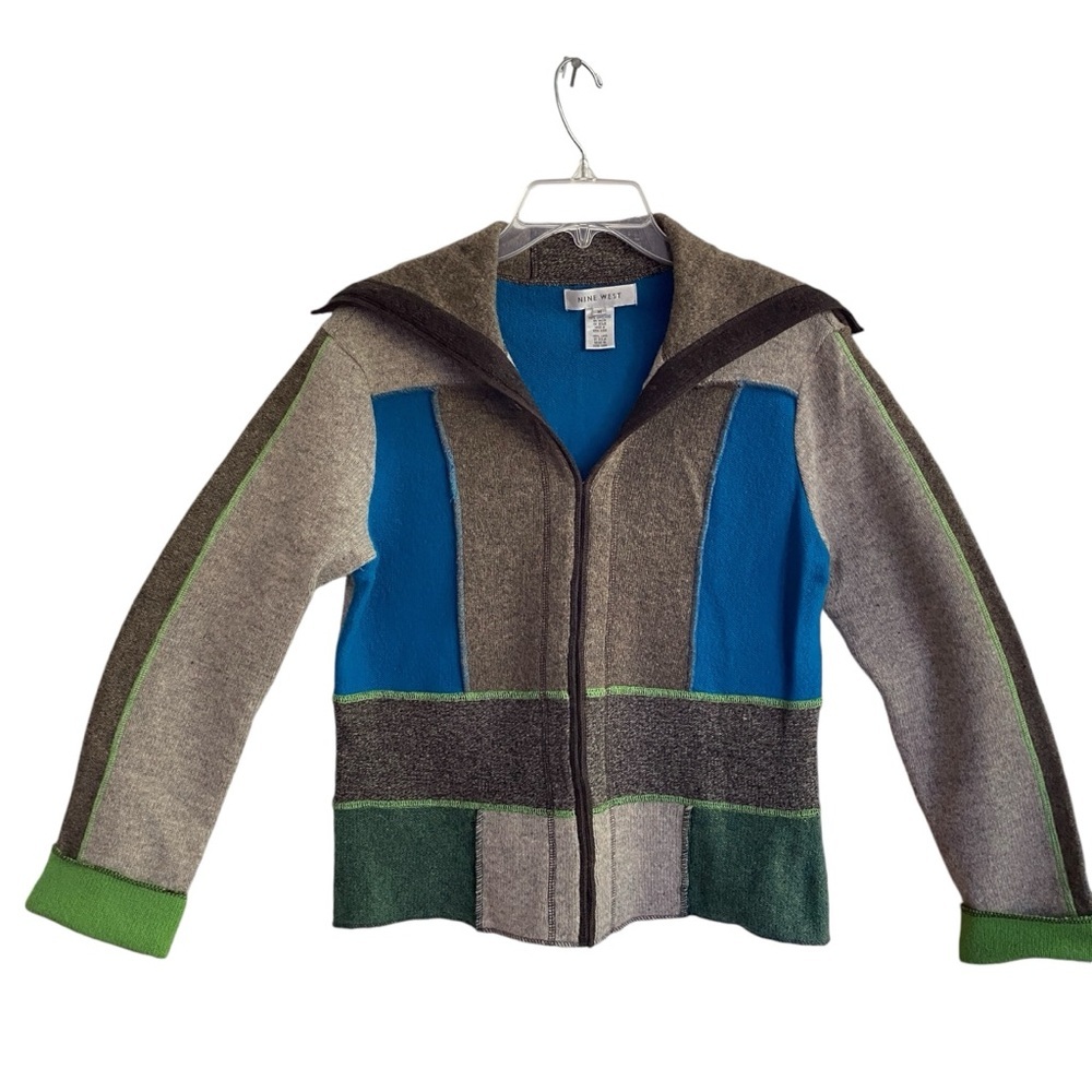 Vtg NINE WEST 100% Lambswool Patchwork Brown Blue Green Oversized Collar Sz Med